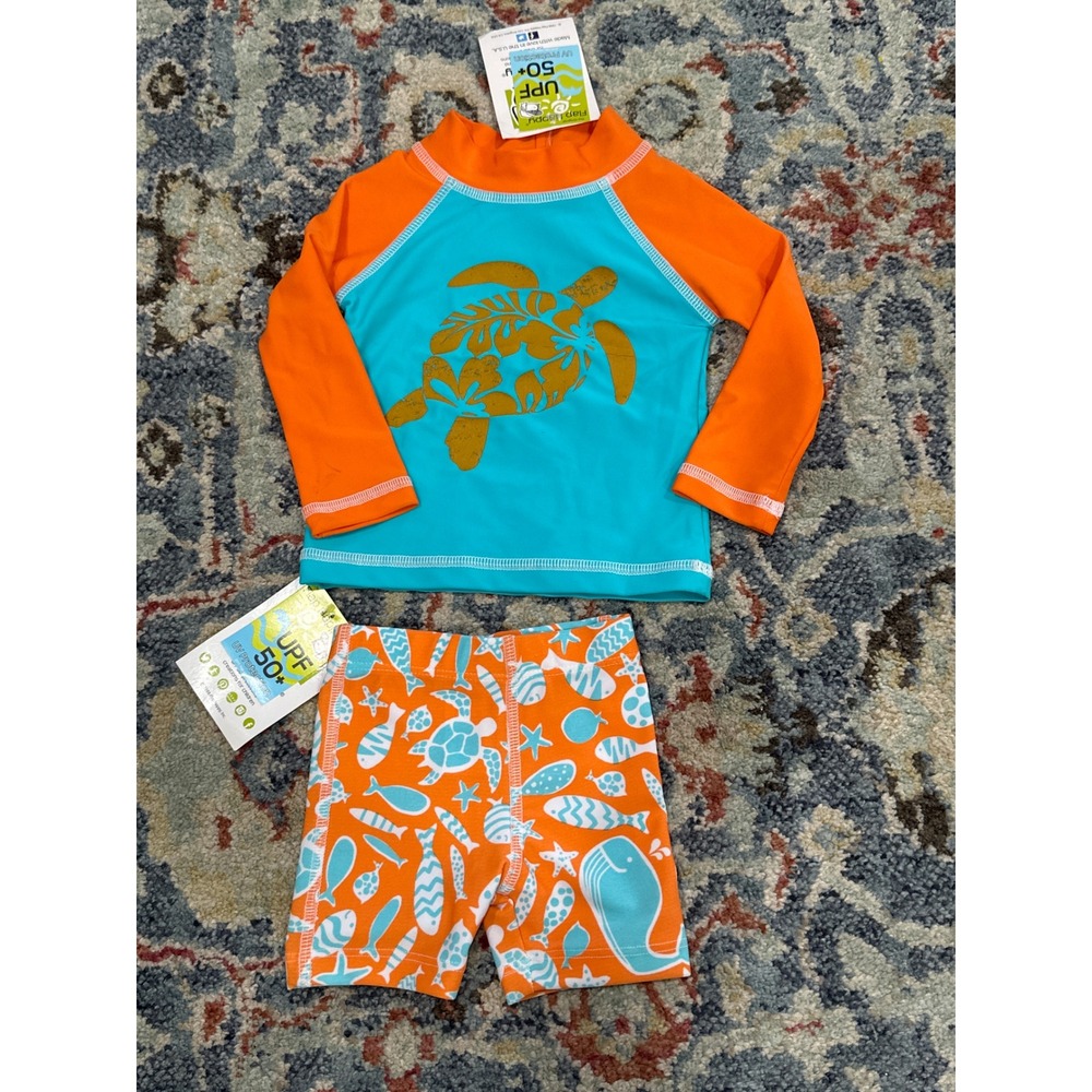 Flap Happy Rash Guard Swim Trunk Set Boys 6M Blue Orange Turtle Sea Life NWT